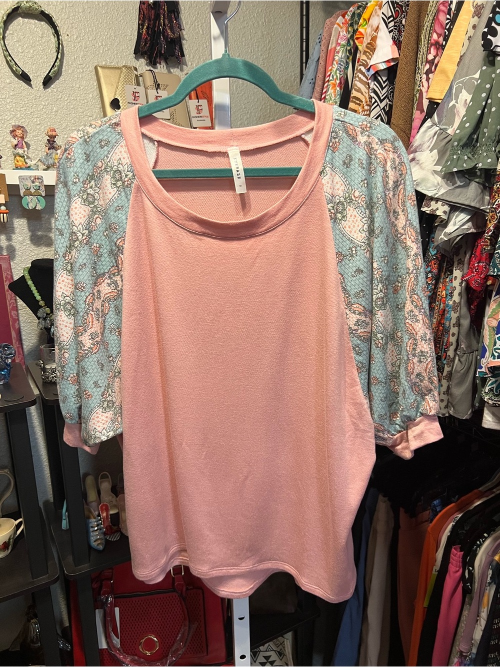 Emerald Pink Scoop Neck Top with Blue Raglan Sleeves
